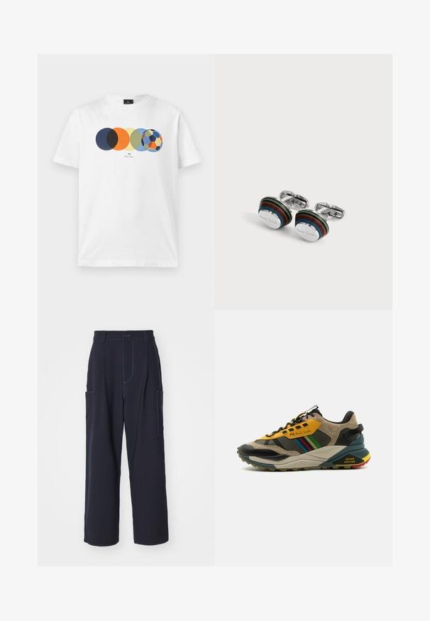 Camiseta blanca de manga corta con gráfico de cinco círculos de colores superpuestos, el último semejando un balón de fútbol multicolor, y texto pequeño debajo.; Pantalones cargo en azul marino con costuras azules, cinturilla elástica, dos bolsillos laterales, diseño de pierna recta y textura de tela suave.; Zapatillas multicolores que combinan materiales de ante y malla, con una paleta de colores en amarillo y negro, suelas texturizadas y acentos laterales.; Par de gemelos redondos de plata con rayas azules, marrones y verdes y texto grabado sobre fondo blanco.