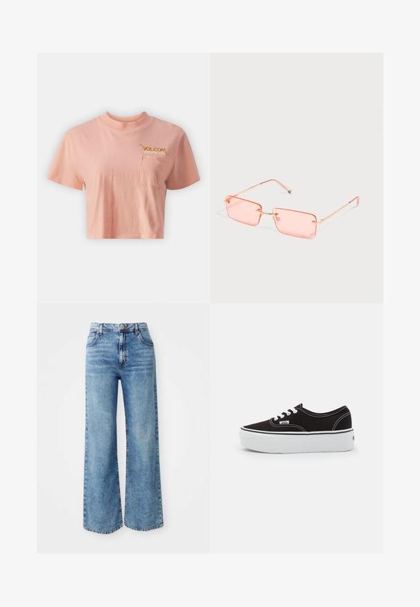 Rosa, kurz geschnittenes T-Shirt aus Baumwolle mit Rundhalsausschnitt. Verfügt über eine kleine Tasche und ein goldenes "Volcom Stone Co"-Logo auf der Brust.; Hellblaue Denim-Jeans mit weit geschnittenem Bein und hoher Taille, ausgestattet mit fünf Taschen, einer Knopfverschluss und kontrastierender Naht entlang der Nähte.; Schwarze Leinensneaker mit einer weißen Gummiplattformsohle, weißen Schnürsenkeln und Nähten, ikonischer Markenaufdruck an der Seite, im Low-Top-Design.; Rechteckige, rosa getönte randlose Sonnenbrille mit dünnen goldfarbenen Metallbügeln und verstellbaren Nasenpads auf einfachem hellem Hintergrund.