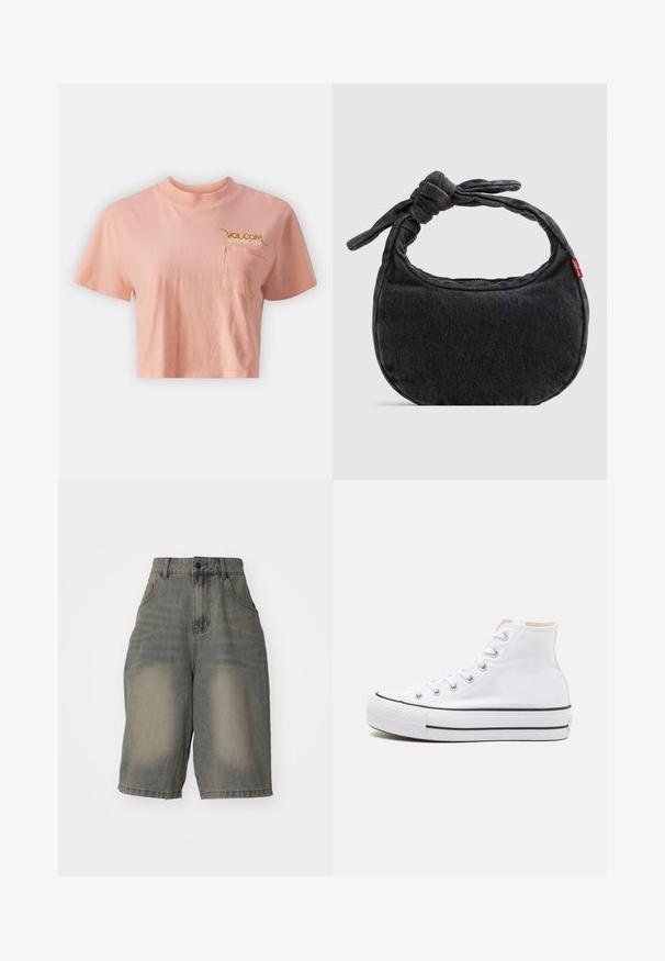 Vaaleanpunainen, lyhythihainen T-paita, joka on valmistettu puuvillasta ja jossa on pyöreä kaula-aukko. Siinä on pieni tasku ja kultainen "Volcom Stone Co" -logo rinnassa.; Jaded London LIGHT WASH JUMBO JORTS - Farkkushortsit - light wash; Valkoiset korkeavartiset tennarit, joissa on kankainen päällinen, musta kumipohja ja kontrastivärinen musta raita keskikohdalla. Pyöreä varvastuki ja nauhakiinnitys.; Pieni musta farkkukankainen olkalaukku, jossa on solmittu hihna ja vetoketjusulkemus. Laukussa on punainen Levi's-kangasmerkki sivulla.