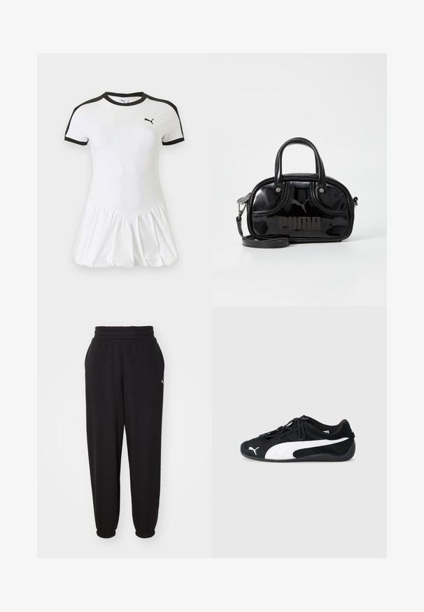 Witte jurk met korte mouwen met zwarte bies op mouwen en kraag, geplooide rok en klein zwart Puma-logo op de borst.; Zwarte sweatpants van zachte stof, met een geribde tailleband en verjongde enkels. Inclusief een klein logoaccent aan de zijkant.; Zwarte sportieve schoenen van mesh en suede, voorzien van een wit Puma-logo, elastische veters en een gestructureerde rubberen zool.; Zwarte lakleren handtas met dubbele handvatten aan de bovenkant, afneembare schouderriem, ronde vorm en opvallend gegraveerd "PUMA" logo.