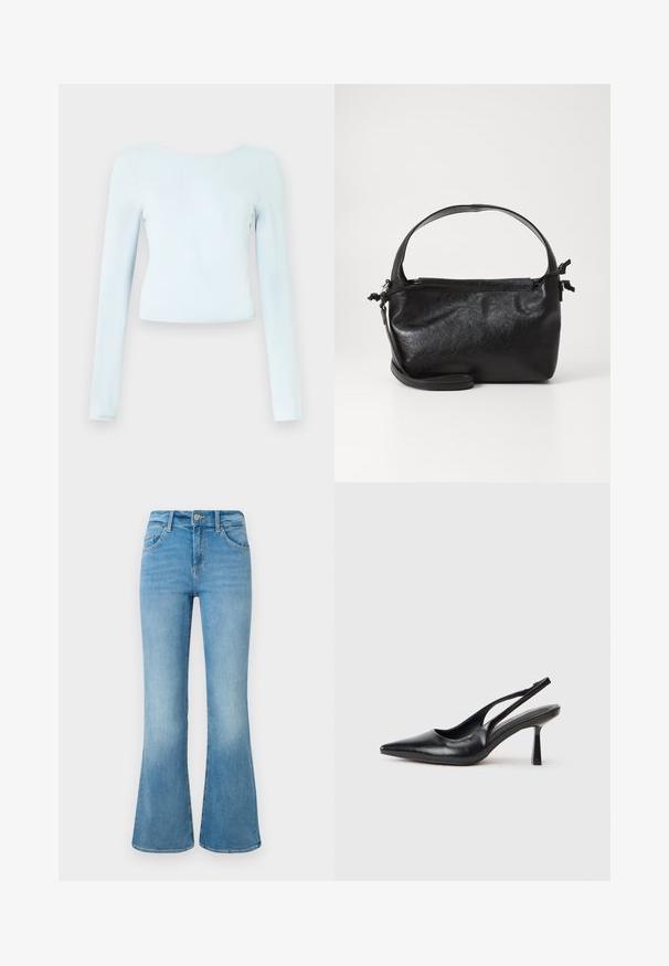 Haut court à manches longues de couleur bleu clair, confectionné dans un tissu doux, avec un col rond et une coupe ajustée. Texture lisse sans motifs visibles.; Jean flare en denim bleu clair avec poches avant, passants de ceinture et fermeture à bouton sur un fond blanc.; Chaussure à talon haut en cuir noir, à bride arrière, avec un bout pointu et un talon fin sur fond blanc.; Sac à main en cuir noir au design structuré, avec une poignée arrondie et une bandoulière amovible. Présente une texture lisse et un éclat subtil.