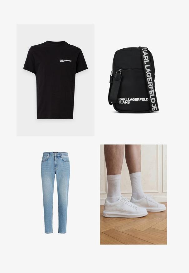 Sort T-shirt i bomuld med rund hals og korte ærmer. Bemærkelsesværdig hvid logo tekst på venstre brystområde. Simpelt design.; Lyseblå denimjeans med en afslappet pasform, fem-lomme-design og diskret slitage. Har et mærketikette nær livet.; Ben iført hvide ribstrikkede crew-sokker og hvide Karl Lagerfeld sneakers stående på lyst trægulv.; Sort stof crossbody tas med rektangulær form, der har en lynlåslukket frontlomme og en kontrasterende logo-rem i hvid.