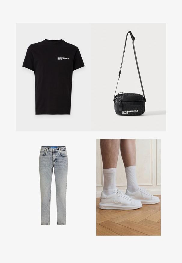 Sort T-shirt i bomuld med rund hals og korte ærmer. Bemærkelsesværdig hvid logo tekst på venstre brystområde. Simpelt design.; Lysblå denimjeans med lige ben, der har en falmet detaljering, fem lommer og en knaplukning i taljen.; Ben iført hvide ribstrikkede crew-sokker og hvide Karl Lagerfeld sneakers stående på lyst trægulv.; Sort crossbody taske med justerbar rem og hvidt Karl Lagerfeld Jeans logo på frontlommen mod en lys baggrund.