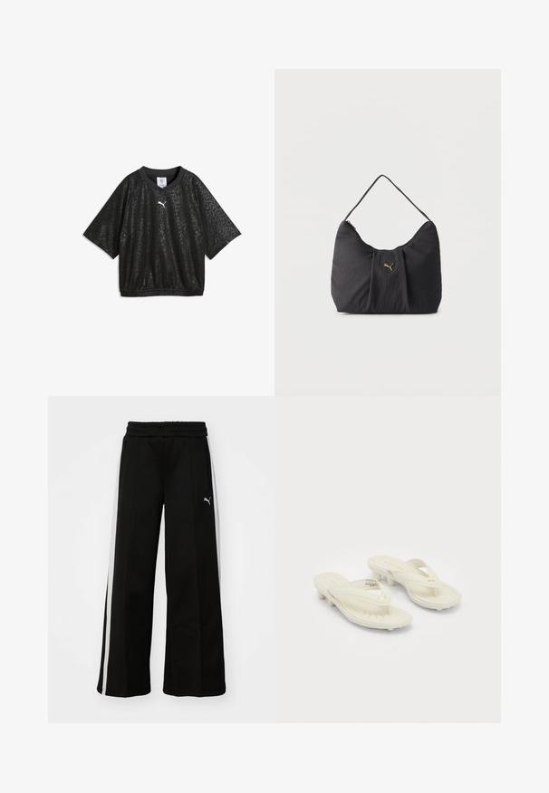 Chemise noire à manches courtes avec un motif léopard subtil, ourlet élastique et petit logo blanc Puma sur la poitrine.; Pantalons larges noirs avec une taille élastique, des rayures blanches verticales, des poches latérales zippées et un petit logo sur la cuisse.; Sandales thong crème de Puma avec de petits talons et des semelles rembourrées, dotées de logos dorés de Puma sur les brides.; Sac bandoulière noir texturé avec plis, une seule poignée, et un petit logo Puma doré centré sur le devant.