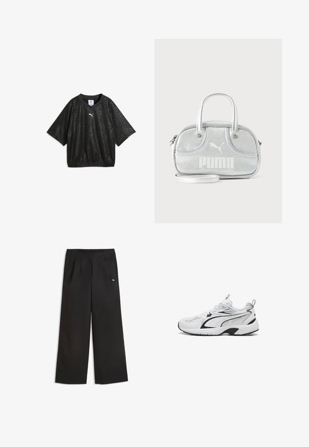 Camisa negra de manga corta con un sutil estampado de leopardo, dobladillo elástico y pequeño logo blanco de Puma en el pecho.; Puma SENSE WINDCELL - Pantalones - black; Zapatilla deportiva blanca con detalles negros, diseño de cordones, parte superior de malla y sintética, y suela gruesa de goma con tiradores en la lengüeta y el talón.; Pequeño bolso Puma metálico plateado con dos asas superiores, una correa larga, logotipo en el frente y cierre de cremallera sobre un fondo liso y claro.