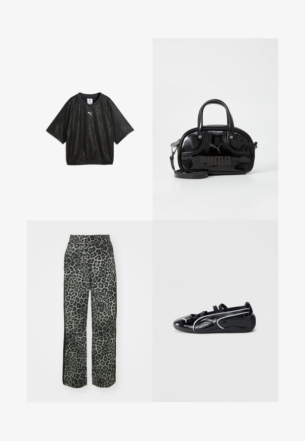 Zwarte shirt met korte mouwen met een subtiel luipaardpatroon, elastische zoom en klein wit Puma-logo op de borst.; Leopardprintbroek in grijstinten met een relaxed fit, elastische tailleband en zwarte zijaccenten voor extra detail en contrast.; Zwart gepatineerd leren schoen met een lage profiel, voorzien van een ronde neus, zwarte elastische banden en witte accenten langs de zijkanten.; Zwarte lakleren handtas met dubbele handvatten aan de bovenkant, afneembare schouderriem, ronde vorm en opvallend gegraveerd "PUMA" logo.