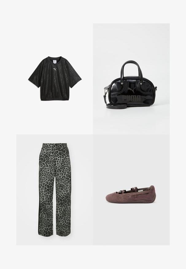 Zwarte shirt met korte mouwen met een subtiel luipaardpatroon, elastische zoom en klein wit Puma-logo op de borst.; Leopardprintbroek in grijstinten met een relaxed fit, elastische tailleband en zwarte zijaccenten voor extra detail en contrast.; Bruine suède ballerinaschoen met elastische bandjes en een gestructureerde zool, zijwaarts weergegeven op een effen lichte achtergrond.; Zwarte lakleren handtas met dubbele handvatten aan de bovenkant, afneembare schouderriem, ronde vorm en opvallend gegraveerd "PUMA" logo.