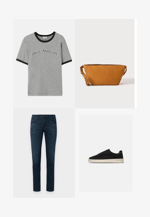 Camiseta de algodón gris con cuello y puños de manga acanalados en negro, que presenta el texto "PAUL AND JOE" en letras blancas en arco en la parte delantera.; Jeans oscuros de corte slim con cinco bolsillos, cierre frontal de botón y cremallera, exhibidos sobre un fondo blanco.; Zapatilla deportiva baja de ante negro con cordones negros y suela de goma blanca, vista lateral sobre fondo gris claro liso.; Bolso bandolera de cuero marrón claro con correa ajustable y cierre de cremallera, mostrado sobre un fondo claro y liso.