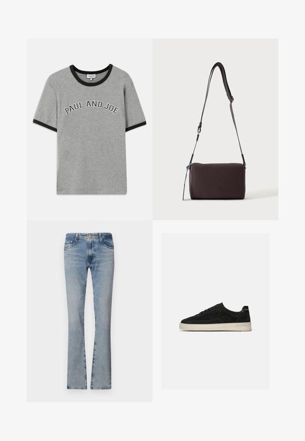 Grå bomulds-T-shirt med sort ribbet krave og ærmekanter, med teksten "PAUL AND JOE" i hvid buet skrift på forsiden.; Lyseblå denimflarebukser med mellemhøj talje, fem lommer og en falmet finish, med lynlås og metalknaplukning.; Sort ruskind lav-sneaker med sorte snørebånd og hvid gummisål, sidevisning på ensartet lys grå baggrund.; Mørkebrun textured læder crossbody taske med justerbar rem og lille dekorativ blå accent på siden.