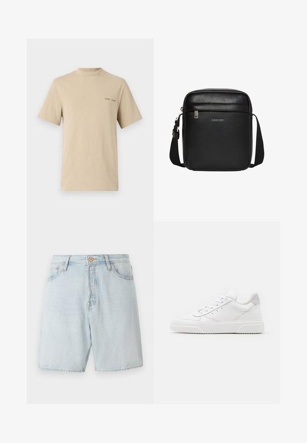 T-shirt en coton beige avec un col rond et des manches courtes. Arbore un logo textuel subtil "SAMSOE" en noir sur la poitrine.; Shorts en denim bleu clair à taille haute, avec un design à cinq poches et des coutures contrastées. Dotés d'une fermeture classique à bouton et à zip.; Des baskets en cuir blanc avec une finition lisse, un bout rond, des lacets plats et une semelle texturée. Accents en daim gris au niveau du talon.; Sac bandoulière noir Calvin Klein avec bandoulière réglable, poche avant zippée et logo discret sur surface en cuir texturé.