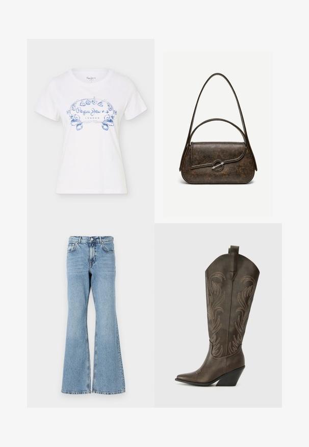 Hvid kortærmet T-shirt med rund halsudskæring, blå blomsterdesign og teksten "LOVE Pepe Jeans LONDON" trykt på forsiden.; Lys blå denim flared jeans med høj talje, featuring knaplukning, fem lommer og en falmet vask med subtile whiskers.; Brune læder cowboystøvle med spids tå, kilehæl og dekorativ broderi. Har en høj stok og en trækflap.; Mørkebrun tekstureret læderhåndtaske med to stropper, afrundet rektangulær form og sølvfarvet cirkulært låsespænde på frontklap.