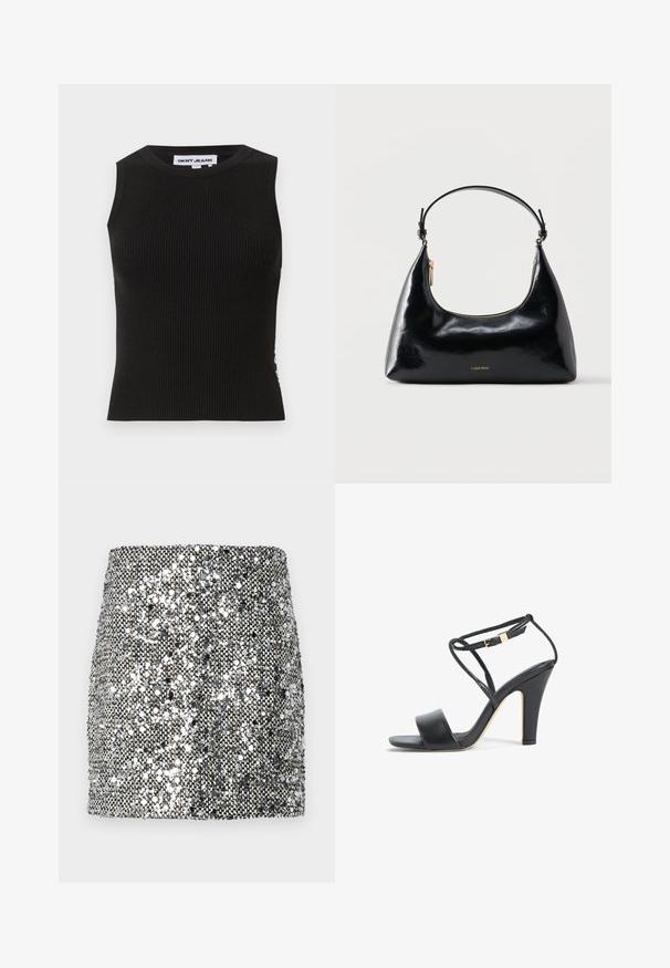 Top de tirantes negro con cuello redondo, que presenta un diseño ajustado y una textura sutil. La canalé se extiende a lo largo de la tela.; Mini falda de lentejuelas con un esquema de color metálico plateado y negro, superficie texturizada con lentejuelas reflectantes y un diseño ajustado.; Sandalia de tacón alto negra con tira fina en el tobillo, hebilla dorada, punta abierta y tacón ancho, vista lateral sobre fondo blanco.; Bolso negro brillante de Calvin Klein con cremallera dorada y correa corta sobre un fondo blanco liso.