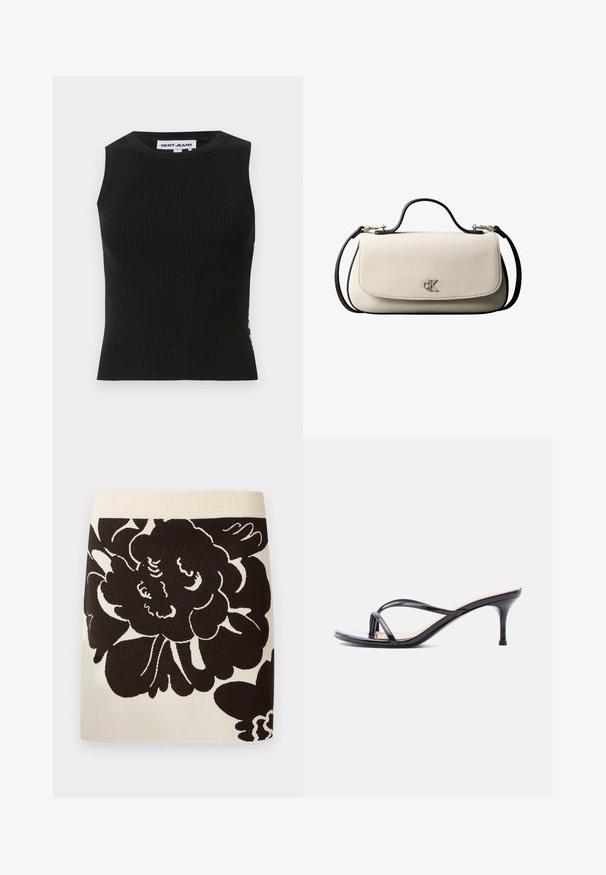 Débardeur noir côtelé avec un col rond, présentant une coupe ajustée et une texture subtile. Les côtes s'étendent sur tout le tissu.; Jupe crème avec large ceinture côtelée et grand motif floral noir couvrant le tissu avant.; Sandale à talon en cuir verni noir avec fines lanières croisées et talon aiguille moyen et élancé sur fond blanc.; Sac à main rectangulaire crème avec bandoulière et poignée noires, fermeture à rabat à l'avant, et petit logo argenté « cK » au centre devant.