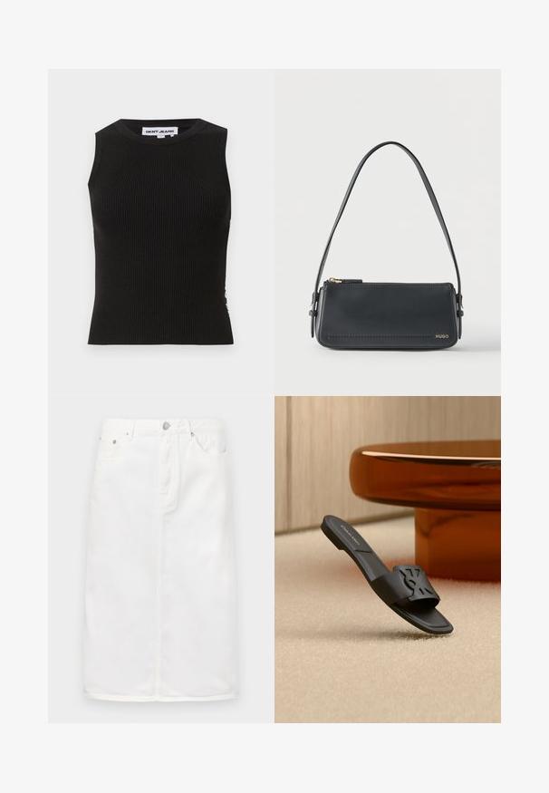 Sort ribbet tanktop med rund halsudskæring, der har en tætsiddende pasform og subtil tekstur. Ribben strækker sig gennem hele stoffet.; Hvid denimnederdel med lynlås foran, fem lomme-design og lige silhuet med stikninger.; Sort slidesandal med udskåret geometrisk design på remmen, Calvin Klein-logo indeni, på beige tæppe nær et brunt moderne bordben.; Sort rektangulær skuldertaske i læder med guld lynlås og lille guld "HUGO"-logo på fronten, med justerbar strop med spænde.