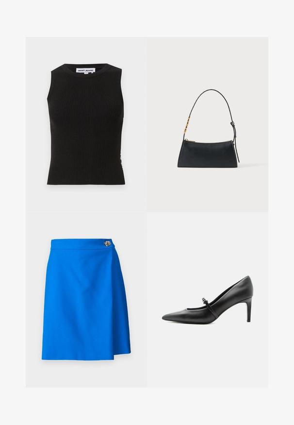 Sort ribbet tanktop med rund halsudskæring, der har en tætsiddende pasform og subtil tekstur. Ribben strækker sig gennem hele stoffet.; Blå omslagskjorte med en glat tekstur, prydet med en sølvknapaccent ved taljen, skåret i A-linjeform for et tætsiddende look.; Sort læderspids højhælede sko med tynd rem og spænde over vristen, stående på en neutral lys baggrund.; Sort læderhåndtaske med en guldlås og justerbar rem med gyldne rektangulære detaljer på en hvid baggrund.