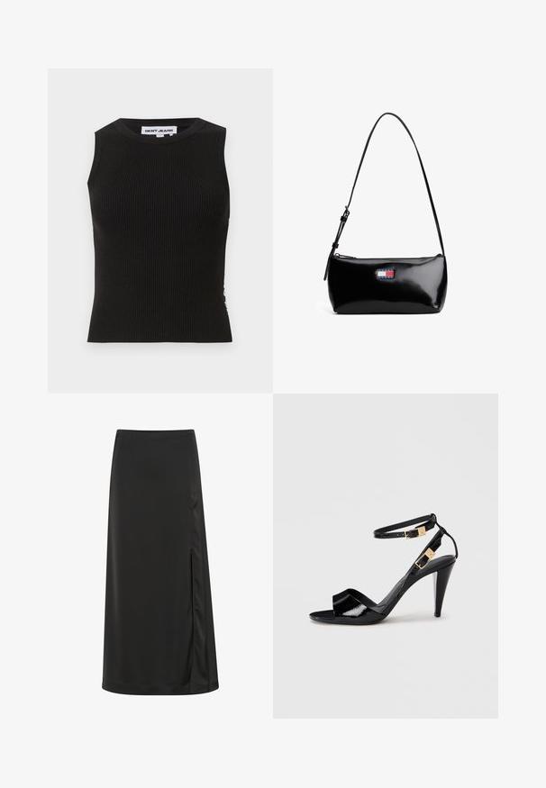 Top de tirantes negro con cuello redondo, que presenta un diseño ajustado y una textura sutil. La canalé se extiende a lo largo de la tela.; Falda midi negra hecha de una tela suave, con una abertura lateral y una silueta recta con un brillo sutil. Dobladillo a medida.; Sандalia de tacón alto de charol negro con dobles correas en el tobillo y hebillas doradas, punta abierta y tacón delgado y afilado sobre un fondo neutro.; Bolso de hombro de charol negro con una correa curva, cierre de cremallera y un parche de logo rectangular en rojo, blanco y azul.
