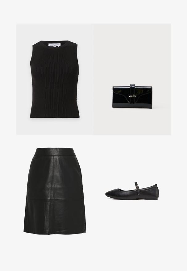 Sort ribbet tanktop med rund halsudskæring, der har en tætsiddende pasform og subtil tekstur. Ribben strækker sig gennem hele stoffet.; Sort nederdel i imiteret læder med A-form, høj talje og synlige sømdetaljer hen over fronten og nær nederste kant.; Sort flad sko med spids tå, tynd ankelrem og lille sølvspænde på hvid baggrund.; Sort blank rektangulær pung med forreste rem og sølvfarvet metalspænde, sat mod en ensfarvet hvid baggrund.