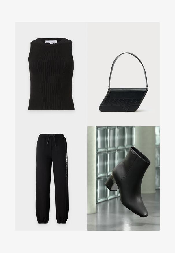 Must mustriba tank top, millekaelusega, millel on sobiv disain ja õrn tekstuur. Ribimine ulatub läbi kogu kanga.; Mustad mustad pant, millel on elastne vöökoht, reguleeritav nöör ja kitsad lõpposad. Vasakul küljel on valge logo.; Mustast nahast pahkluu saabas plokkseseljaga, DKNY logo lähedal ülaosas, eksponeeritud klaasplokiseina ja poleeritud betoonpõranda taustal.; Mustast nahast kolmnurkse kujuga õlakott, reljeefse logoga ja ühe reguleeritava rihmaga. Minimalistlik disain ja sile tekstuur.