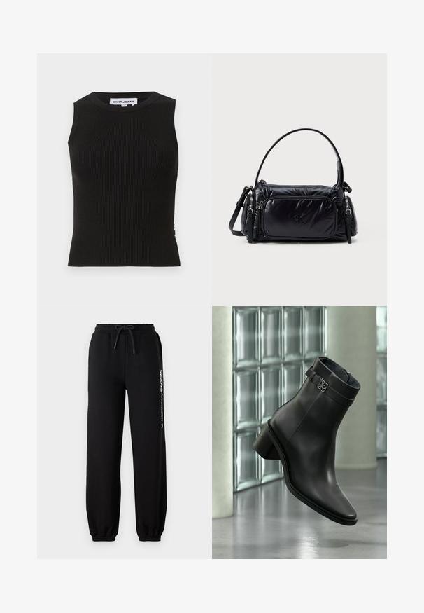 Sort ribbet tanktop med rund halsudskæring, der har en tætsiddende pasform og subtil tekstur. Ribben strækker sig gennem hele stoffet.; Sorte sweatpants med elastisk talje, justerbar snor og tætsiddende manchetter. Har et hvidt logo trykt på venstre side.; Sort læderankelstøvle med lav blokhæl og dekorativ rem, vist i et moderne, minimalistisk indendørs miljø.; Sort nylon håndtaske med et puffet design, rund skulderrem, frontlomme med lynlås og et subtilt logo prentet på forsiden.
