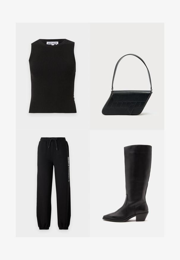 Sort ribbet tanktop med rund halsudskæring, der har en tætsiddende pasform og subtil tekstur. Ribben strækker sig gennem hele stoffet.; Sorte sweatpants med elastisk talje, justerbar snor og tætsiddende manchetter. Har et hvidt logo trykt på venstre side.; Sort læderstøvle til midtkalv med spids tå og lavt skråt hæl på en enkel lys baggrund.; Sort skuldertaske i læder med trekantet form, præget logo og en enkelt justerbar rem. Minimalistisk design med glat tekstur.
