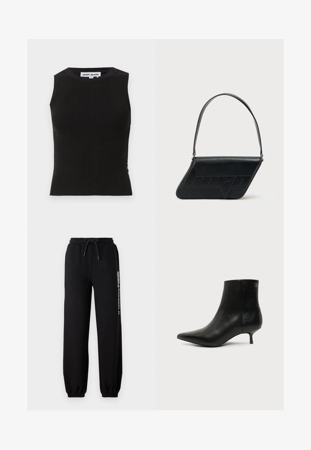 Débardeur noir côtelé avec un col rond, présentant une coupe ajustée et une texture subtile. Les côtes s'étendent sur tout le tissu.; Pantalons de survêtement noirs avec une taille élastique, un cordon de serrage ajustable et des poignets fuselés. Présente un logo blanc imprimé sur le côté gauche.; Bottine en cuir noir avec bout pointu et petit talon kitten sur fond clair, vue côté extérieur.; Sac d'épaule en cuir noir de forme triangulaire, avec un logo embossé et une seule bandoulière réglable. Design minimaliste avec une texture lisse.