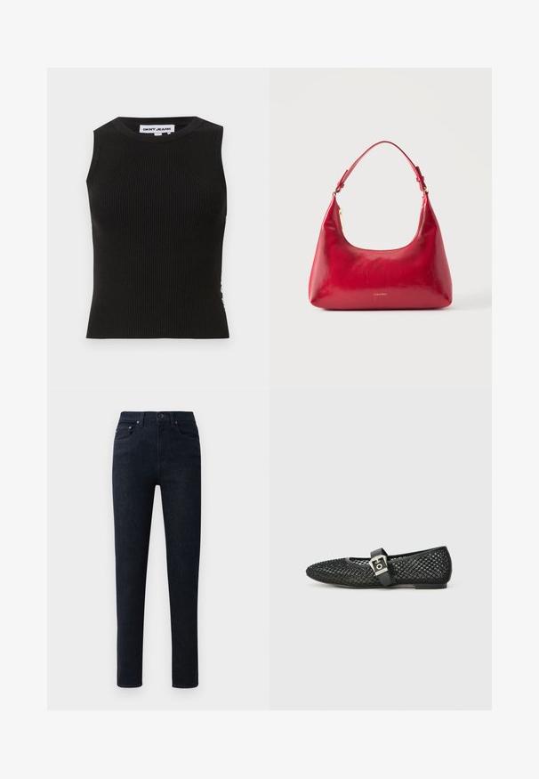 Top de tirantes negro con cuello redondo, que presenta un diseño ajustado y una textura sutil. La canalé se extiende a lo largo de la tela.; Jeans de mezclilla azul oscuro con corte recto, que cuentan con un cierre de botón, cinco bolsillos y detalles de costura sutiles.; Bailarinas negras de malla con punta afilada, con tacón plano y una correa con hebilla alrededor del tobillo; superficie texturizada con un patrón tejido.; Bolso de hombro de cuero rojo con cremallera dorada y correa ajustable, logo de Calvin Klein centrado en la parte delantera.