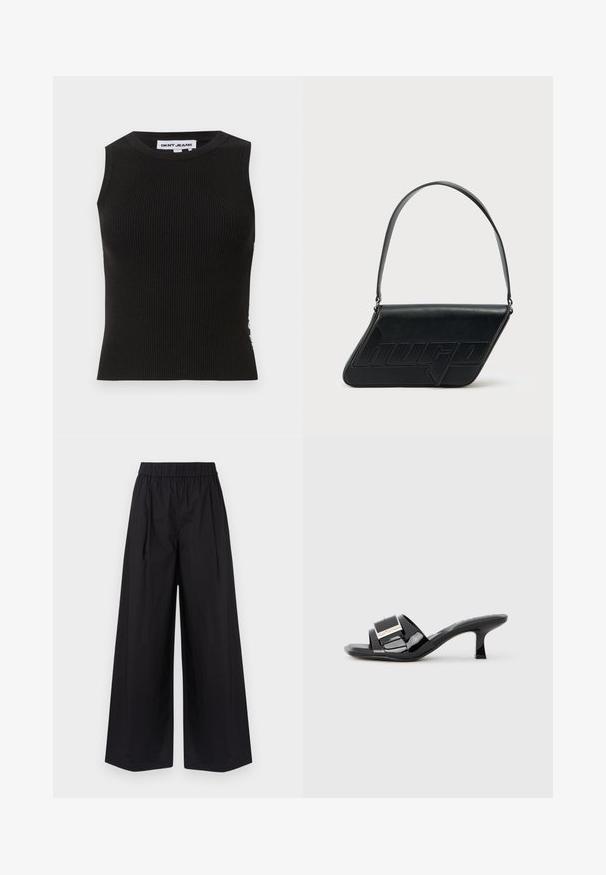 Top de tirantes negro con cuello redondo, que presenta un diseño ajustado y una textura sutil. La canalé se extiende a lo largo de la tela.; Pantalones de pierna ancha negros, hechos de una tela suave, con una cintura elástica y sin bolsillos ni detalles de hardware visibles.; Mules de charol negro con punta abierta, tiras anchas, acento metálico y tacón cuadrado bajo. Textura suave con acabado brillante.; Bolso de hombro de cuero negro con forma triangular, logo en relieve y una sola correa ajustable. Diseño minimalista con textura suave.