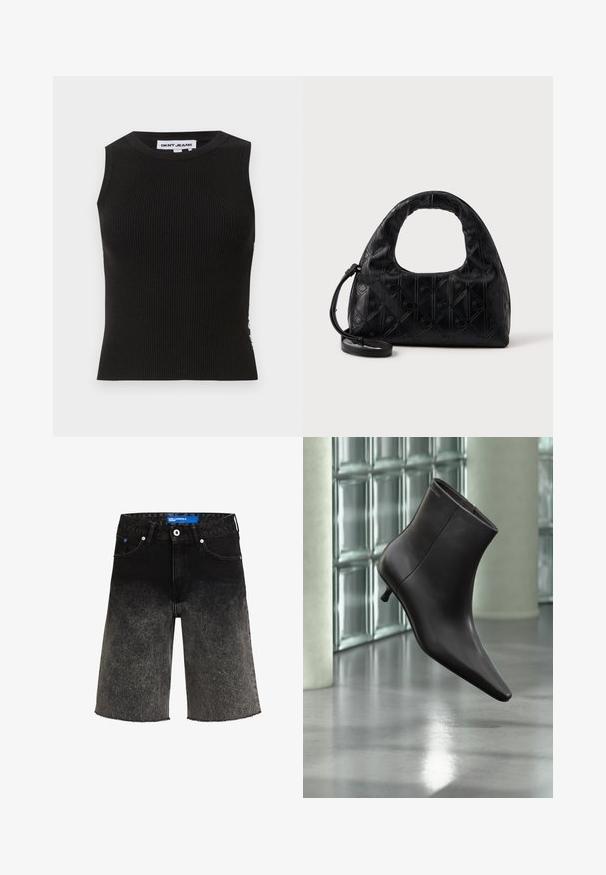 Sort ribbet tanktop med rund halsudskæring, der har en tætsiddende pasform og subtil tekstur. Ribben strækker sig gennem hele stoffet.; Sorte denimshorts med en gradientfade fra mørk til lys. Har en frynset kant, to frontlommer og et mærket blåt label på taljen.; Sort læderankelstøvle med spids tå og lille hæl vist mod en væg af glasblokke og poleret gulv baggrund.; Sort læderhåndtaske med et buet topgreb, subtil diamantmønster og en aftagelig rem. Teksturen er glat med prægede detaljer.