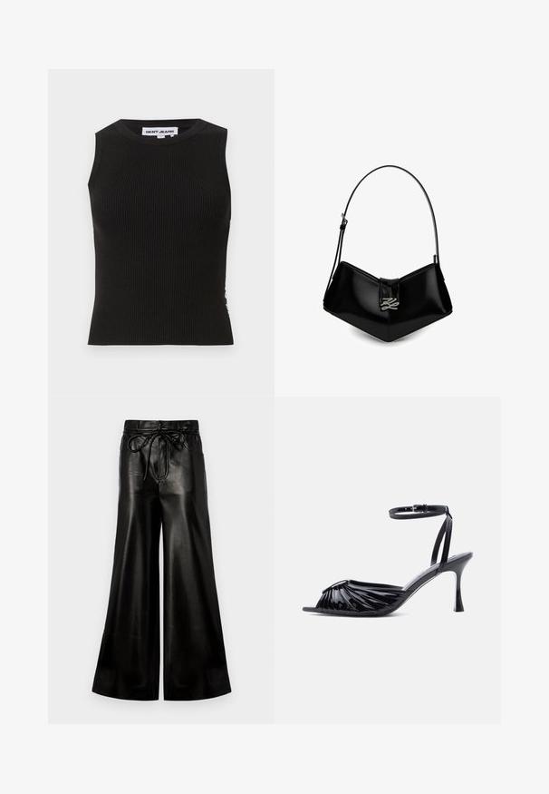 Sort ribbet tanktop med rund halsudskæring, der har en tætsiddende pasform og subtil tekstur. Ribben strækker sig gennem hele stoffet.; Sorte læder bukser med bred ben og snøre i taljen. Glat tekstur, høj talje, løs pasform, med sidelommer og knaplukning.; Sort højhælet sandal i laklæder med åben tå, rynket frontdesign og justerbar ankelrem med spænde.; Sort skinnende læderhåndtaske med kort rem og sølvhardware formet som stiliserede initialer på frontklappen.