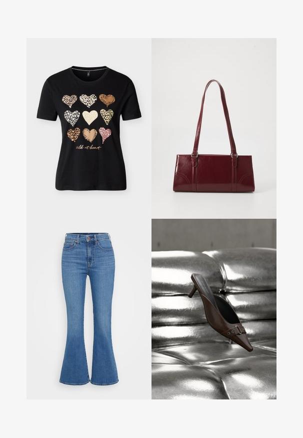 Camiseta negra de manga corta con nueve corazones de estampado animal dispuestos en tres filas, y el texto "wild at heart" en cursiva debajo de los corazones.; Jeans de campana en azul claro con cintura alta, hechos de mezclilla. Las características incluyen dos bolsillos frontales y un cierre de botón en la cintura.; Mule de tacón marrón con punta puntiaguda y detalle de hebilla, flotando sobre una superficie de cuero plateado brillante y capitoné.; Bolso burdeos hecho de material brillante, de forma rectangular, con dos asas para el hombro y sutiles acentos curvados en la parte frontal.