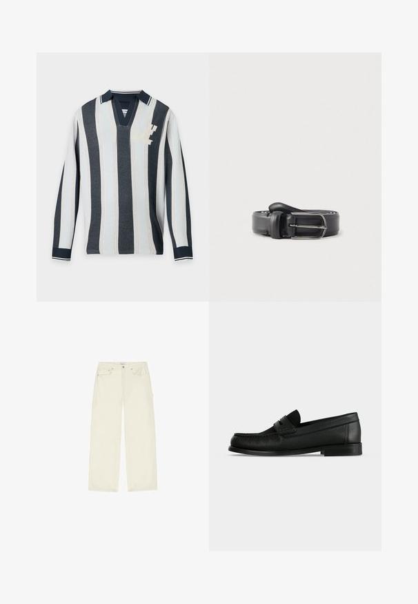 Chemise en maille à manches longues avec des rayures verticales bleu marine et blanches, un col bleu marine et un petit logo blanc sur la poitrine en haut à gauche.; Pantalon droit couleur crème avec poches avant et côtés, fermeture par bouton et passants de ceinture, posé à plat sur un fond blanc.; Mocassin penny en cuir noir avec surface texturée, petit talon et une lanière sur le dessus, présenté de profil sur un fond uni.; Ceinture en cuir noir à texture lisse, avec une boucle et un passant en métal argenté, conçue dans une forme classique et étroite.