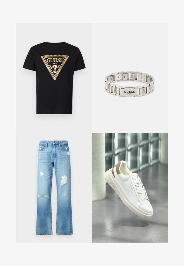 Guess CHAIN - T-shirts print - jet black; Lyseblå denimjeans med lige ben, der har slidte detaljer og en falmet finish. Inkluderer en metalknap og fem lommer.; Hvide lædersneakers med beige mønstret accent på hælen, glat tekstur, snørebåndsdesign og prægede branding på siden.; Guess FLAT CHAIN UNISEX - Armbånd - silver-coloured
