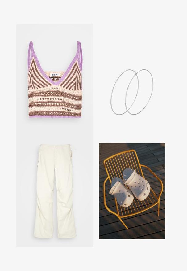 BDG Urban Outfitters NEW GIGI CROP - Débardeur - purple; BDG Urban Outfitters BAGGY - Pantalon classique - cream; Des sabots Crocs blancs présentent un design perforé, des semelles plates et des sangles de talon réglables, reposant sur une chaise en fil jaune contre un sol en bois.; Boucles d'oreilles en argent au design minimaliste. Forme circulaire, texture lisse et profil fin. Légères avec une finition polie.