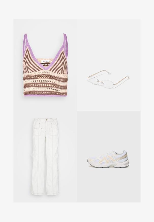 BDG Urban Outfitters NEW GIGI CROP - Top - purple; BDG Urban Outfitters Džínsy voľného strihu - white; Biele športové topánky z sieťoviny s ľahko oranžovými a šedými akcentmi, textúrovanou podrážkou a polstrovaným golierom pre pohodlie.; Zlaté kovové okuliare s oválnymi šošovkami, štíhlymi rámami a priehľadnými nosovými podložkami. Obsahujú jemné akcenty pántov a priehľadné šošovky.