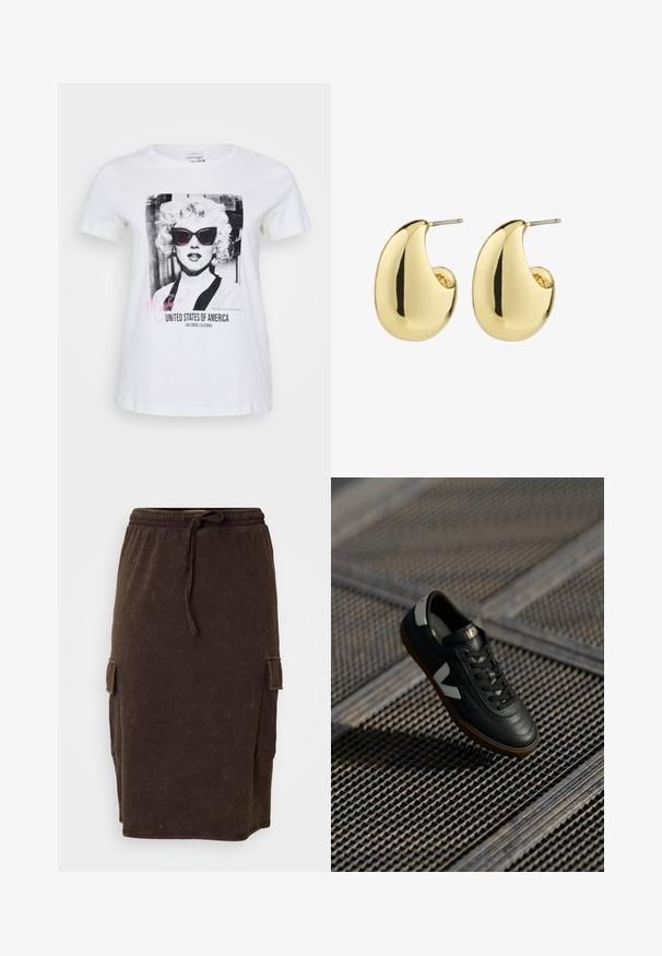 Hvid bomulds t-shirt med et sort og hvidt grafik af en kvinde iført solbriller, med teksten "Marilyn" og "United States of America".; Brun bomuldsblandings midi-nederdel med elastisk talje og snor. Sidelommer i cargo-stil og en afslappet pasform. Diskret tekstur.; Sort lædersneaker med grå detaljer, snørebånd og gummisål. Har et fremtrædende hvidt logo og struktureret overfladedesign.; Guldtonede studøreringe med en glat, poleret overflade i en abstrakt, tårnform. Simple metalpind til fastgørelse.