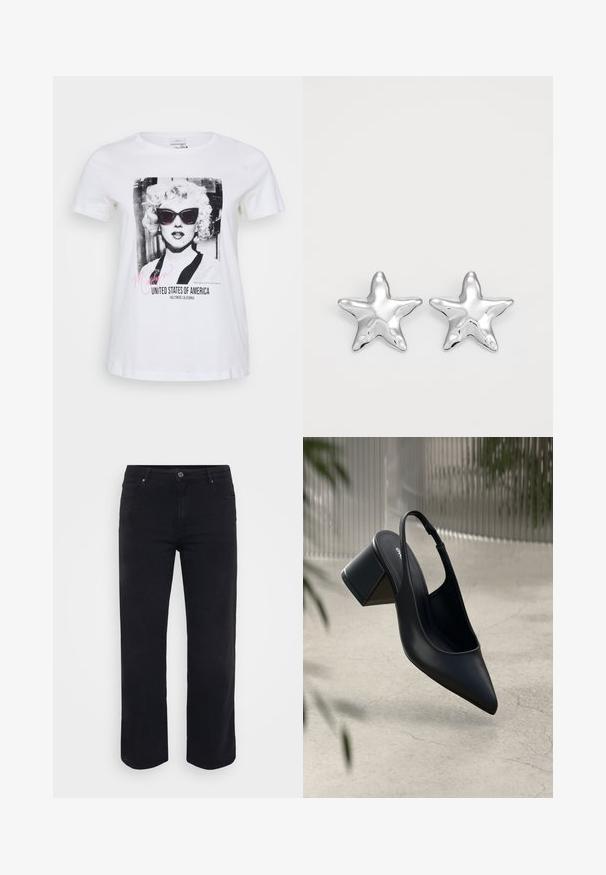 Hvid bomulds t-shirt med et sort og hvidt grafik af en kvinde iført solbriller, med teksten "Marilyn" og "United States of America".; Sorte denimjeans med lige ben-design. Funktioner inkluderer en knaplukning i taljen, bæltestropper og front-/baglommer. Glat tekstur.; Sort læder slingback hæl med spids tå og blokhæl. Glat tekstur, minimalistisk design og justerbar ankelrem.; Sølvstjernede øreringe med en poleret, blank overflade. Hver ørering har fem spidser og subtile teksturdetaljer på overfladen.
