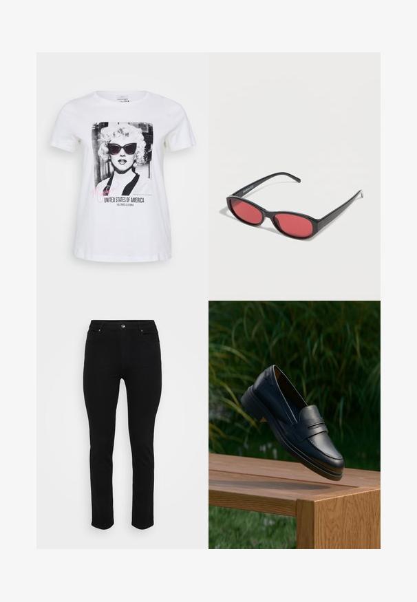 Hvid bomulds t-shirt med et sort og hvidt grafik af en kvinde iført solbriller, med teksten "Marilyn" og "United States of America".; Sorte denimjeans med slim fit, fem-lomme design, frontknaplukning og let stræk for komfort. Flad, glat tekstur med minimal dekoration.; Sorte læderloafers med en glat tekstur, med et syet design og lav hæl, vist på en træoverflade med grønt i baggrunden.; Sorte ovale solbriller med tynde arme og rødtonede linser, der ligger på en hvid overflade.