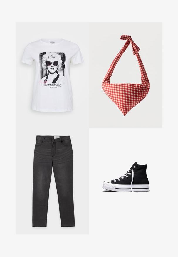 Hvid bomulds t-shirt med et sort og hvidt grafik af en kvinde iført solbriller, med teksten "Marilyn" og "United States of America".; Sort denim med lige ben, knap- og lynlåslukning, for- og baglommer samt diskret falming på lårene, lagt fladt på en hvid baggrund.; Sort high-top canvas sneaker med hvid gummisål og hvide snørebånd, vist fra siden mod en hvid baggrund.; Blød stofskuldertaske med rødt og hvidt ternet mønster, håndtag med bundet knude og trekantet form mod en ensfarvet baggrund.