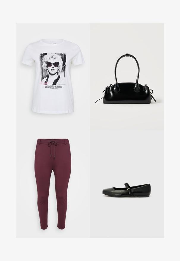 Camiseta de algodón blanca con un gráfico en blanco y negro de una mujer con gafas de sol, con el texto "Marilyn" y "Estados Unidos de América".; Pantalones elásticos burdeos con cintura ajustable, que presentan un diseño ajustado y piernas ceñidas, exhibidos sobre un fondo blanco.; Bailarinas de cuero negro con punta redondeada, suela plana y una delgada correa ajustable en el empeine que cuenta con una hebilla de metal.; Pequeño bolso negro brillante con dos asas largas y detalles de cordón lateral sobre un fondo claro liso.