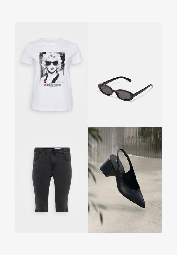 Hvid bomulds t-shirt med et sort og hvidt grafik af en kvinde iført solbriller, med teksten "Marilyn" og "United States of America".; Sorte denim capri-bukser med lige skæring, fem lommer og tonalt syning. Stoffet har en let tekstur og et klassisk design.; Sort læder slingback hæl med spids tå og blokhæl. Glat tekstur, minimalistisk design og justerbar ankelrem.; Even&Odd by Zalando Solbriller - black