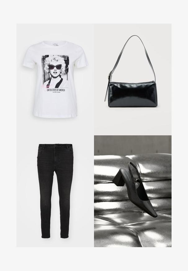 Biela bavlnená tričko s čierno-bielou grafikou ženy v slnečných okuliaroch, s textom "Marilyn" a "Spojené štáty americké".; Vero Moda Curve Skinny fit VMCFLASH Mid rise - Džínsy skinny fit - black denim; Čierny podpätok so zadným pásikom a špicatou špičkou, s textúrovaným povrchom a hrubým blokovým podpätkom. Položený na lesklom kovovom pozadí.; Čierna obdĺžniková kabelka na rameno s jedným nastaviteľným remienkom a horným zipsom na jednofarebnom pozadí.