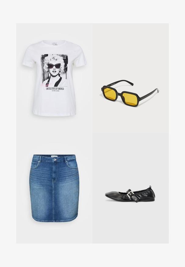 Hvid bomulds t-shirt med et sort og hvidt grafik af en kvinde iført solbriller, med teksten "Marilyn" og "United States of America".; Denim nederdel i mellemblå vask med en tætsiddende design, lige snit, fem-lomme stil og en talje med knaplukning foran.; Sorte læder flade sko med spids tå, samling detaljer omkring åbningen, og en sølv spænde accent på den justerbare rem.; Sorte rektangulære solbriller med gule linser. Funktioner inkluderer tykke stel og kantet design med en glat, blank finish.