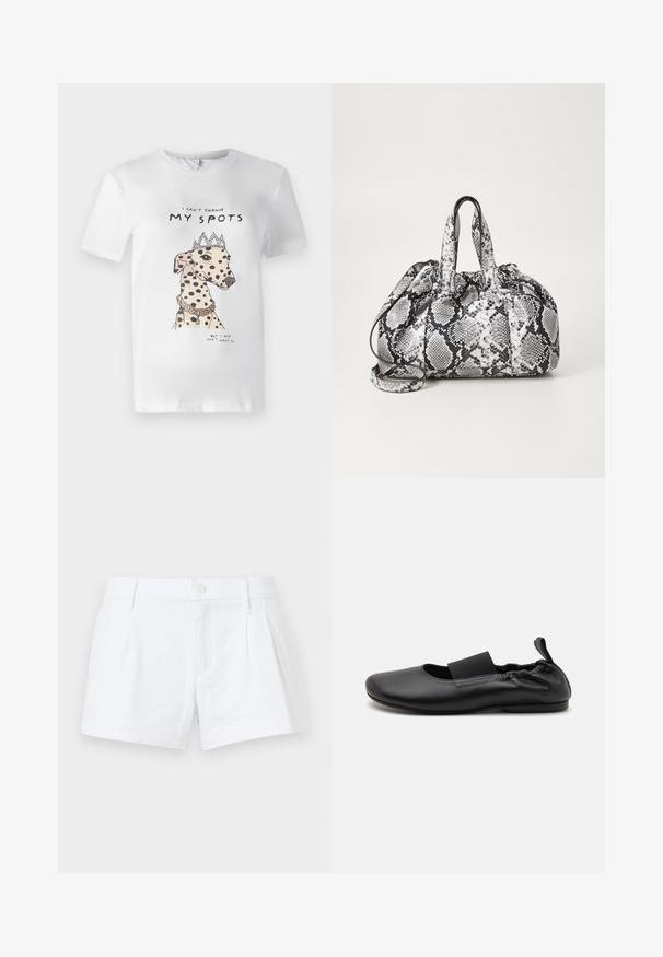 Weißes Baumwoll-T-Shirt mit einer bedruckten Illustration eines gefleckten Hundes, der eine Krone und eine Halskette trägt, mit dem Text "Ich kann meine flecken nicht ändern."; Weiße Leinen-Shorts mit Falten, Knopfverschluss und Seitentaschen. Besitzt einen taillierten Schnitt und eine glatte Textur.; Schwarze Ballerina aus glattem synthetischem Material mit elastischem Band, runder Zehenpartie und kleinem Absatz sowie gerafftem Rückendetail.; Schwarz-weiße Handtasche im Schlangenhautmuster mit zwei Griffen, einem Kordelzugverschluss und einem abnehmbaren Schultergurt. Glatte Textur.