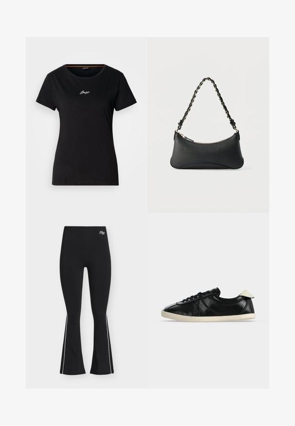 T-shirt noir à manches courtes en coton. Présente un col rond et un logo "Boss" blanc brodé sur la poitrine. Texture lisse.; Pantalon noir évasé avec des bandes blanches sur les côtés et le logo "Hugo" brodé près de la taille haute, présenté sur un fond clair.; Baskets basses noires avec semelle blanche et languette au talon, tige en cuir texturé et lacets noirs sur fond clair uni.; Sac à bandoulière en cuir noir de forme rectangulaire incurvée, avec une chaîne dorée tissée dans la bandoulière noire tressée et une fermeture éclair sur le dessus.