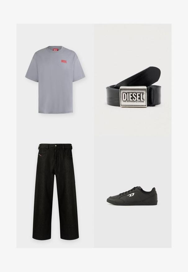 T-shirt gris clair à manches courtes de la marque Diesel avec un petit logo Diesel rouge sur la poitrine gauche et une étiquette rouge à l'intérieur du col.; Jean noir à jambes larges en denim, présentant une fermeture éclair, cinq poches et un branding discret sur la poche avant. Tissu durable et texturé.; Baskets synthétiques noires avec une semelle noire texturée, un bout rond et des lacets plats noirs. Logo blanc remarquablement placé sur le côté extérieur.; Ceinture en cuir noir avec une boucle rectangulaire argentée portant le nom de la marque "DIESEL" et la phrase "FOR SUCCESSFUL LIVING." Texture lisse.