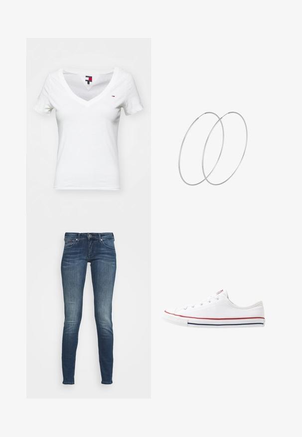 Tommy Jeans SLIM V NECK TEE - Základné tričko - ecru; Tmavomodré úzke džínsy s vyblednutým vzhľadom, dizajn s piatimi vreckami a uzávierka na kovový gombík. Zmes bavlny, jemná textura.; Biele plátenné tenisky s nízkym strihom a červenými a modrými akcentovými pruhmi, zaoblenou špičkou a gumovou podrážkou. Obsahuje šesť dierok na šnúrky.; Strieborné kruhové náušnice s minimalistickým dizajnom. Cirkulárny tvar, hladký povrch a tenký profil. Ľahké s lesklým povrchom.