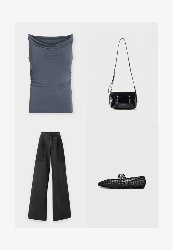 Ærmeløs mørkegrå top med en bred, draperet bådudskæring og subtil sideskråning.; Vidde jeans lavet af mørk denim med sorte stofpaneler på siderne, med høj talje og synlige syninger.; Sorte mesh ballet flats med spidse tæer, prydet med krydskorte stropper, der har sølvnitter og et tekstureret design.; Sort skuldertaske i læder med justerbar rem, to lodrette lynlåse foran og et lille metalvinge-emblem under lynlåsene.