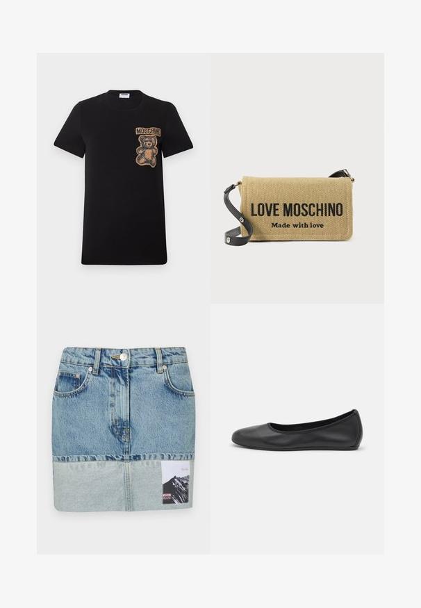 Sort t-shirt med korte ærmer med et tanfarvet bamsemotiv og teksten "MOSCHINO" på venstre bryst.; Denim mini skirt med en gradient blå farveskala, fem-lomme design, sølv hardware og et trykt mærke med et bjerggrafik.; Sort læderballetsko med rund tå, glat tekstur, minimal syning og et fleksibelt såldesign.; Beige vævet crossbody-taske med sort justerbar rem, med fed sort "LOVE MOSCHINO Made with love"-tekst på den forreste klap.