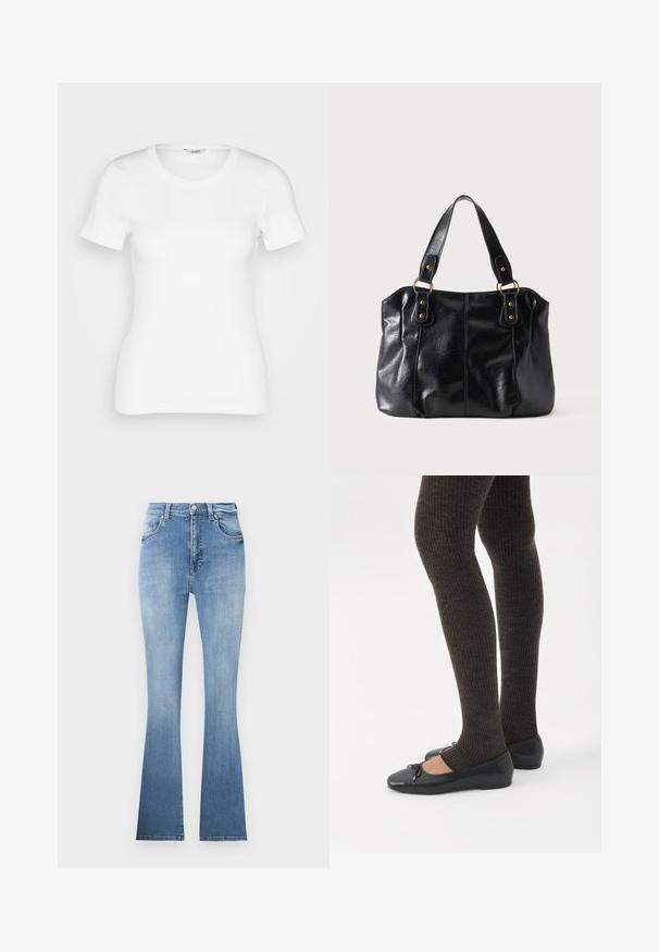 Witte katoenen T-shirt met korte mouwen, ronde halslijn en ribbelstructuur. Strakke pasvorm met een gladde, schone afwerking.; Lichtblauwe flared jeans van denim, met een hoge taille, voorzakken en een subtiele vervaging naar de zoom. Kenmerkt zich door lichte stiksels.; Benen met donkere geribbelde leggings gecombineerd met zwarte ballerina's met kleine strikdetails op een witte achtergrond.; Zwarte leren schoudertas met dubbele bandjes bevestigd met gouden ringen en klinknagels, glad en licht glanzend oppervlak, eenvoudig ontwerp.