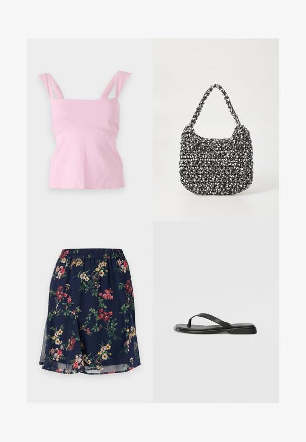 Pink ærmeløs top med firkantet udskæring. Har rynkede skulderstropper og en tætsiddende silhuet med en let udvidet kant.; Blomsterkjole med elastisk talje, der har en marineblå baggrund pyntet med røde, gule og grønne blomstermønstre. Letvægtsstof.; Sorte flip-flops lavet af glat læder, med et tyndt remdesign og en flad sål med et minimalt profil. Ingen bemærkelsesværdige mønstre eller accenter.; Vævet håndtaske i sort og hvid med en rund form, tekstureret overflade og et fletet håndtag. Velegnet til afslappet brug.